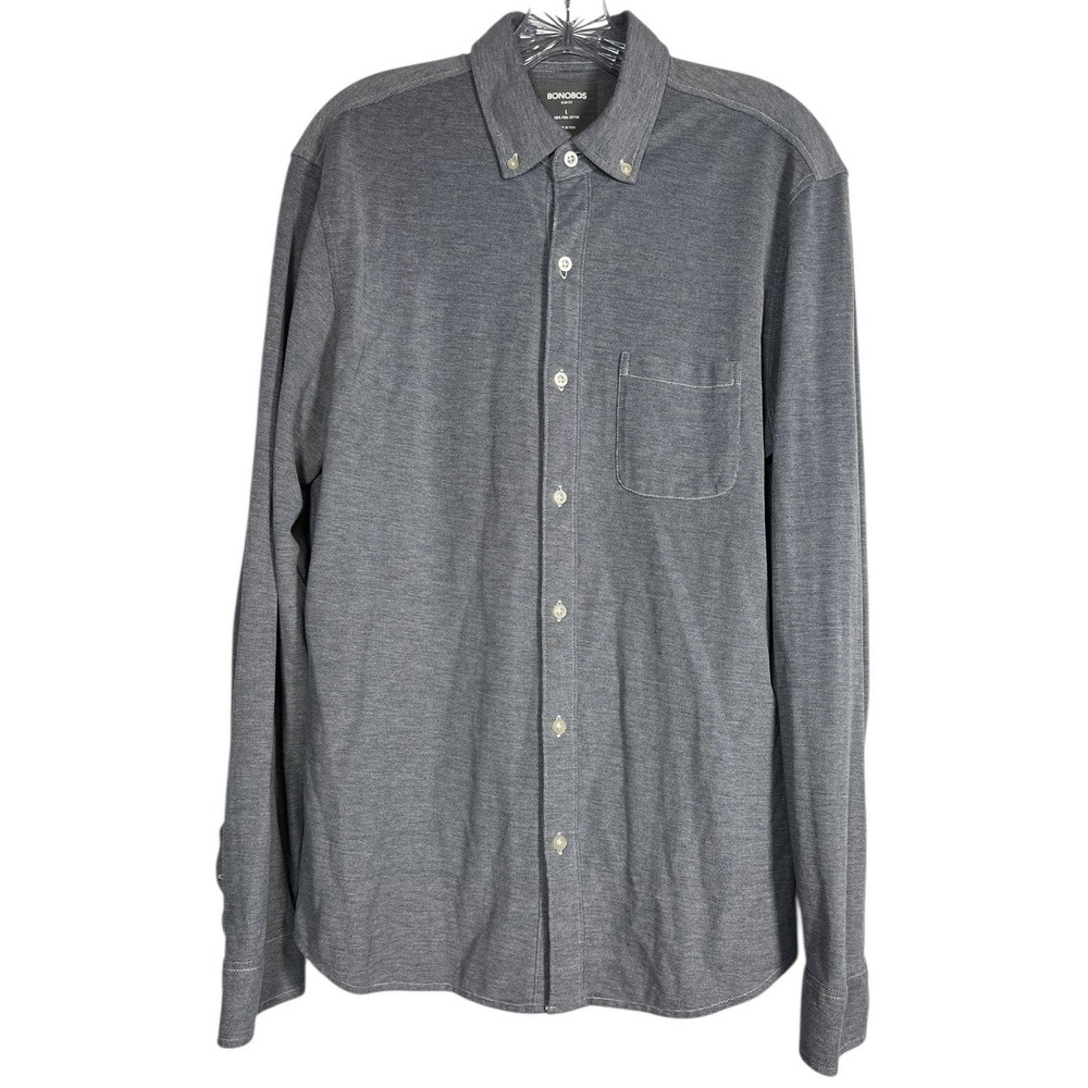 BONOBOS Sz L Men's Shirt Slim Fit Stretch Knit Button Down Heather‎ Blue Gray